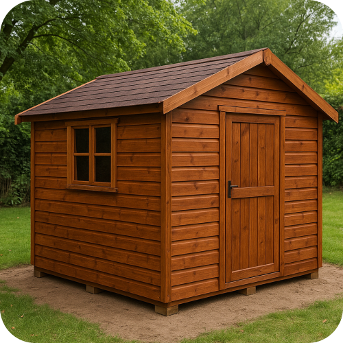Small wooden Wendy house in garden setting with grass and trees