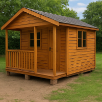Wooden Wendy house with small front deck and stairs in a garden area