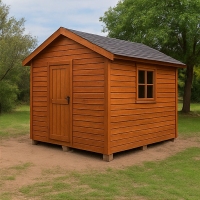 Nutec Wendy house with grey cladding and white trim elevated on stilts
