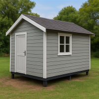 Compact wooden Wendy house with single door and window on a grass patch
