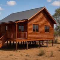 Log home with natural timber cladding and deck in South African bushveld