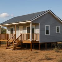 Modern Nutec house on stilts with wooden deck in natural bushveld setting