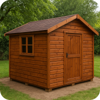 Small wooden Wendy house in garden setting with grass and trees